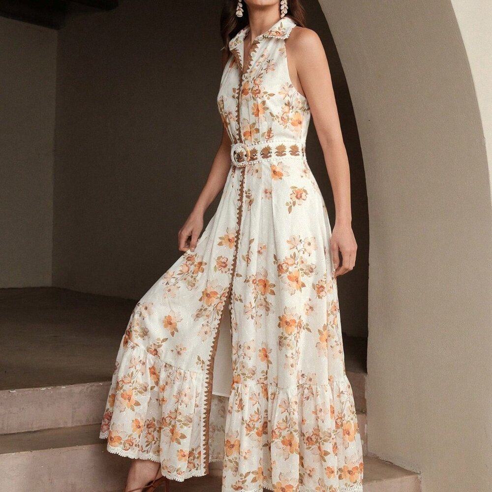 Orange Elegant Women's Sleeveless Floral Print Dress - Picture 11 of 13